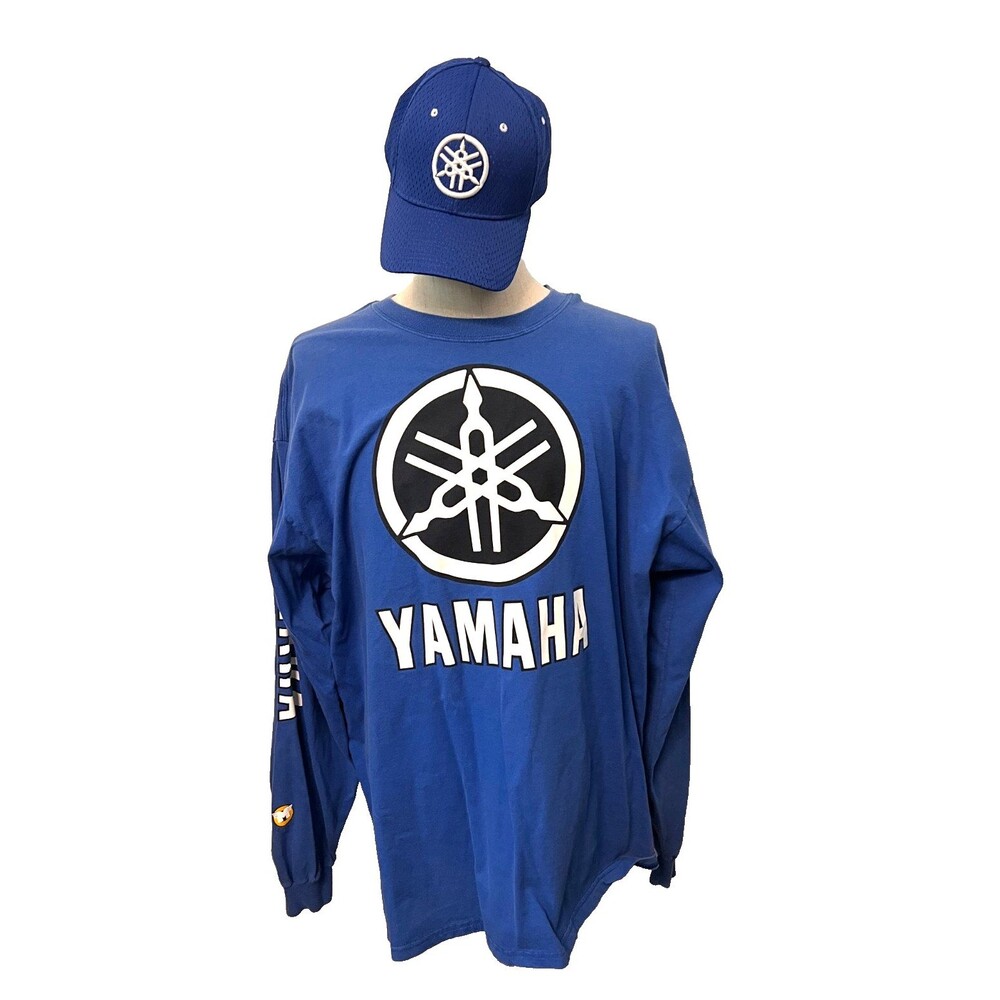 Vtg Yamaha Metro Racing Long Sleeve T-Shirt Adult XXL Motorcycle Blue +Mesh Hat